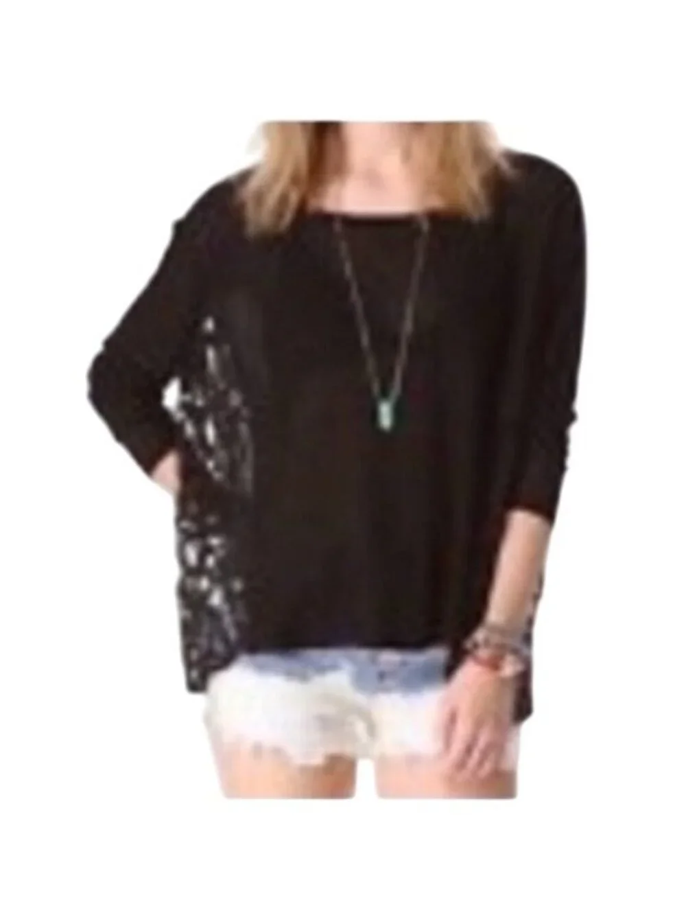 RARE NWT Free People Black Lace Inset Slouchy Linen Blend Top S| Boho Whimsigoth